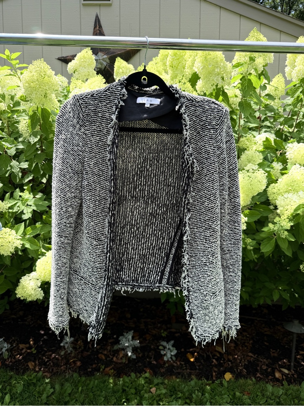 IRO Black and White Frayed-Edge Open Front Cardigan